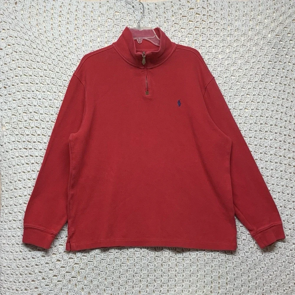 Polo Ralph Lauren‎ Sweatshirt Mens XL Red  1/4 Zip Pullover Adult 100%Cotton Vtg
